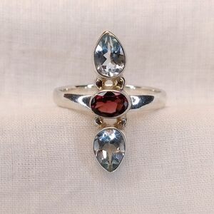 Sterling Silver Faceted Garnet And Blue Topaz Gemstone Ring Size 8.5